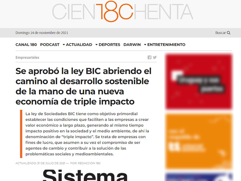 Captura de pantalla de nota sobre la ley BIC del sitio web de Portal 180