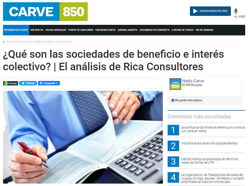 Captura de pantalla de nota sobre la ley BIC en el sitio web de Radio Carve