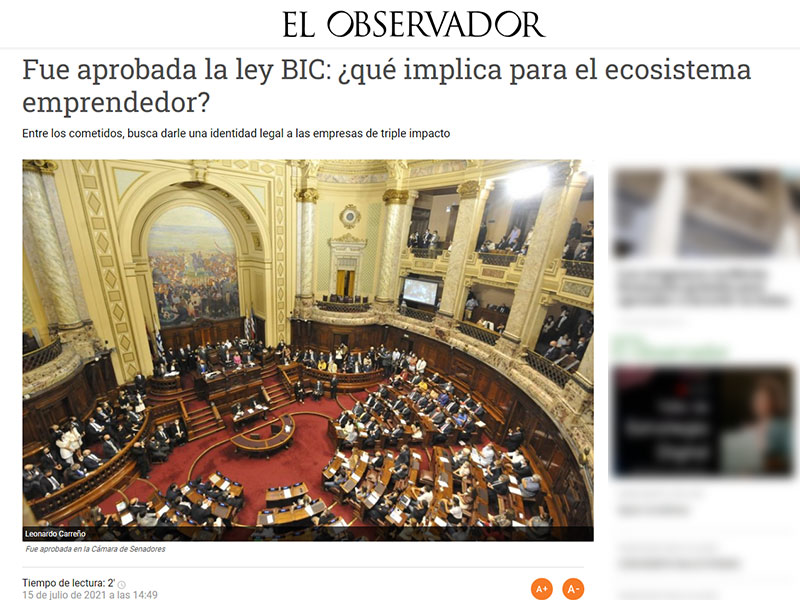Captura de pantalla de nota sobre la ley BIC del sitio web de El Observador
