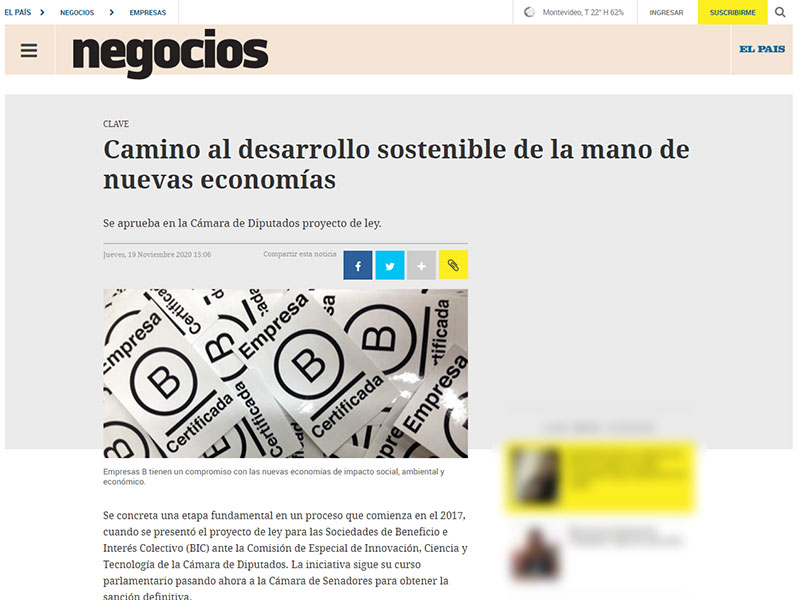 Captura de pantalla de nota sobre la ley BIC del diario El Pais