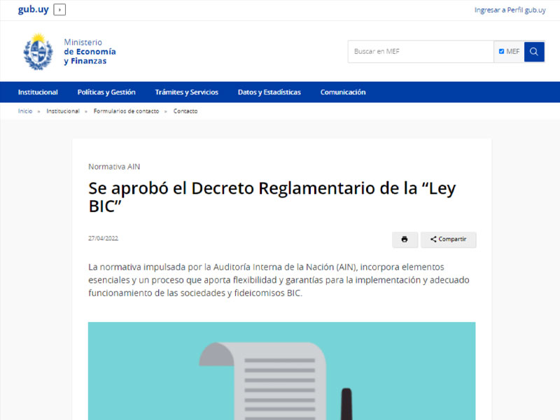 Captura de pantalla de nota sobre la aprobación de la ley en sitio gubernamental.