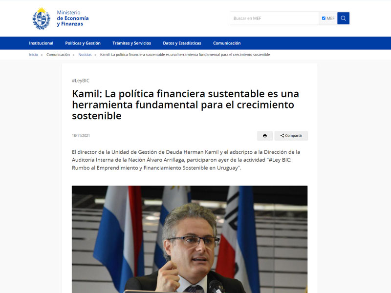 Captura de pantalla de nota sobre la ley BIC del sitio web de MEF
