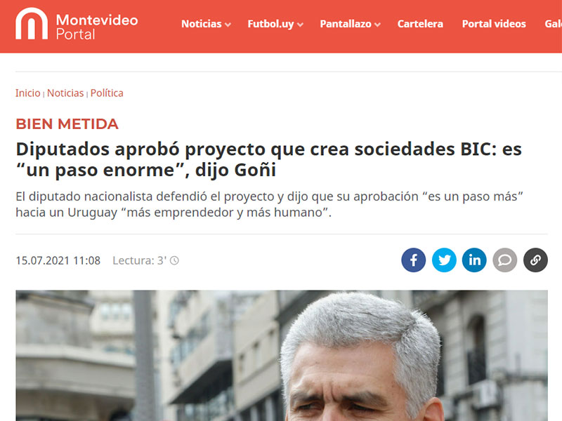 Captura de pantalla de nota sobre la ley BIC del sitio web Montevideo Portal