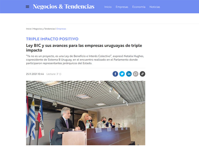 Captura de pantalla de nota sobre la ley BIC del sitio web de Montevideo Portal