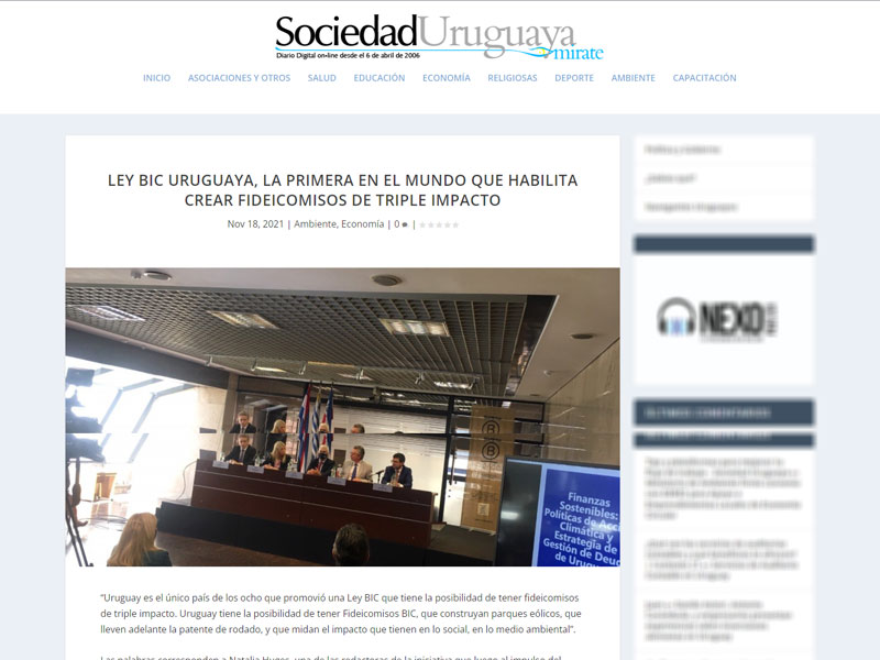 Captura de pantalla de nota sobre la ley BIC del sitio web de Sociedad Uruguaya